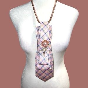 “Dainty Dapper”Pink Plaid necktie Necklace with Brooch